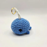 Handmade crochet blue whale keychain with gold ring, cozy amigurumi gift for whale lovers