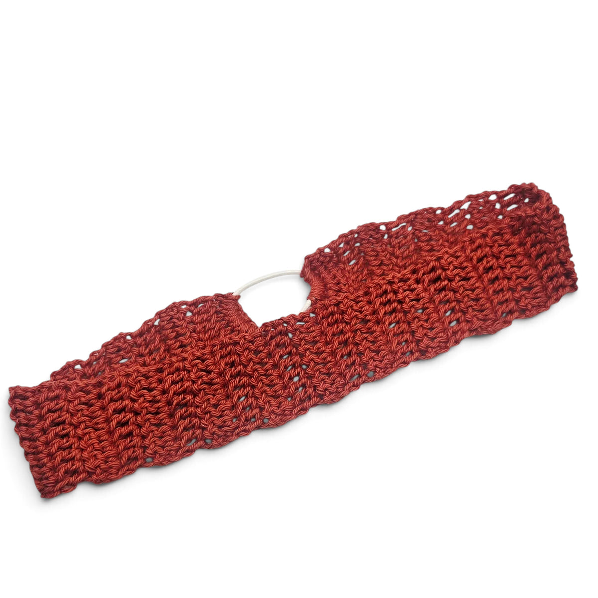 Handmade red crochet headband with open stitch pattern, cozy and stylish accessory for everyday wear