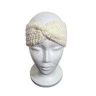 Cream crochet headband with twisted knot design, cozy handmade accessory for warmth and style