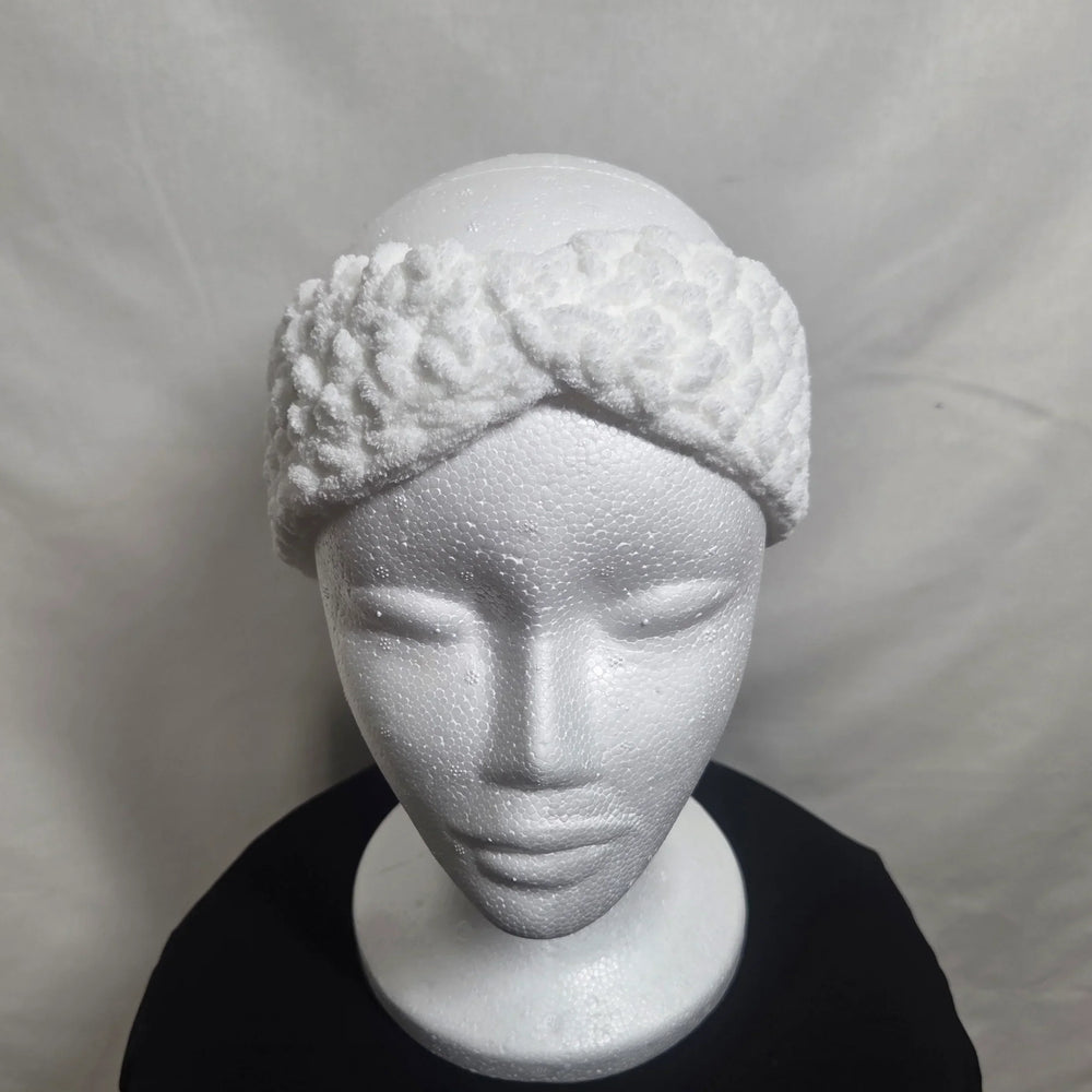 White crochet headband with textured pattern, cozy handmade accessory for everyday comfort
