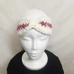 White crochet headband with pink stripe, cozy handmade accessory for warmth and style