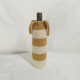 Handmade crochet bottle cozy in beige and gold stripes, cozy gift by Erika Liesel.