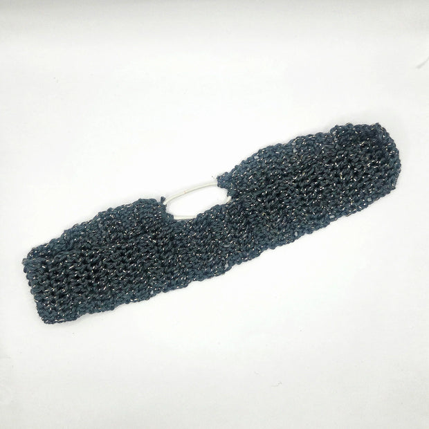 Handmade crochet headband in dark yarn with silver accents, Handmade by Erika Liesel