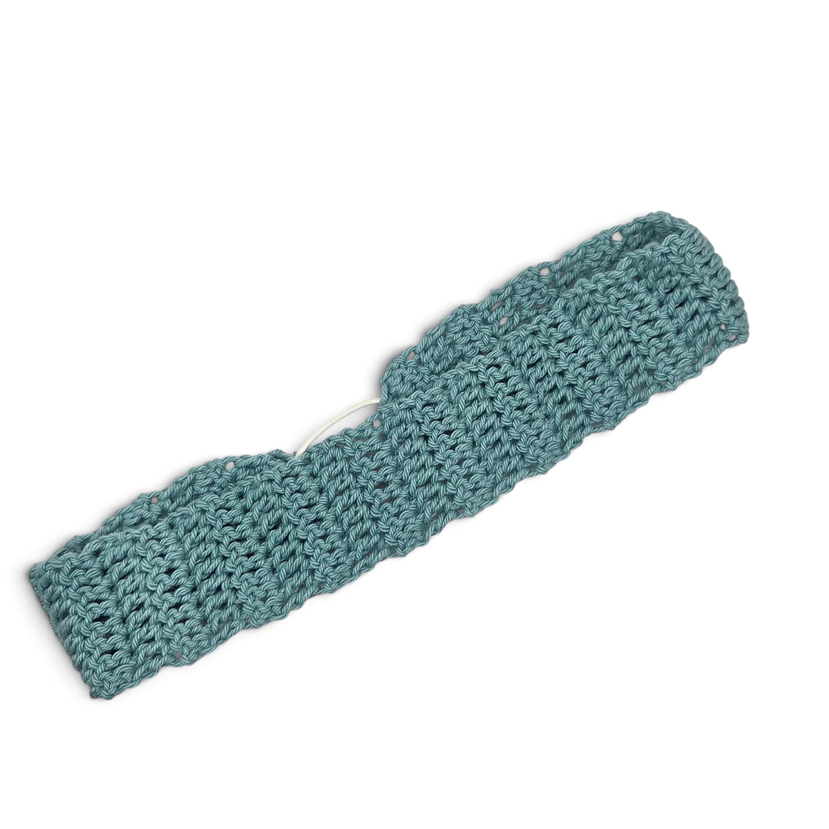 Handmade teal crochet headband with open stitch pattern, cozy and stylish accessory for everyday wear