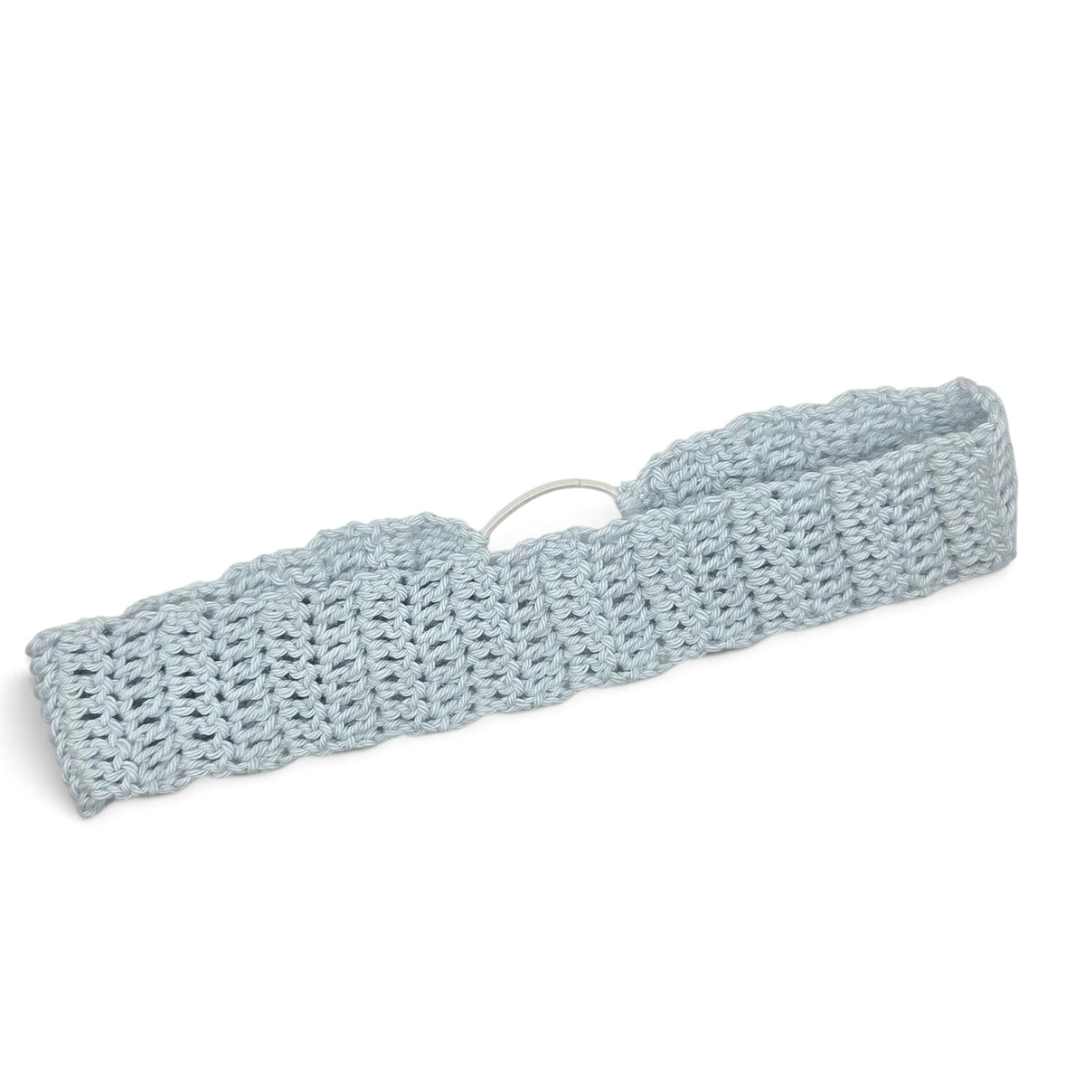 Light blue crocheted headband with metal ring, handmade for cozy comfort and style