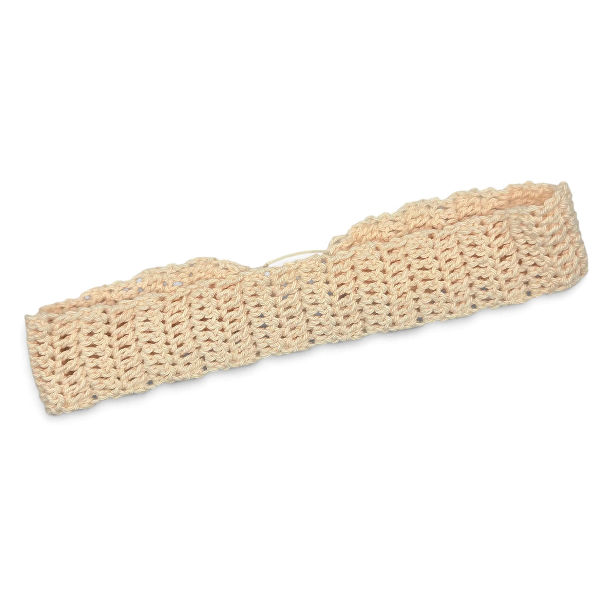 Soft peach crochet headband, handmade with cozy open stitch pattern for everyday comfort and style.