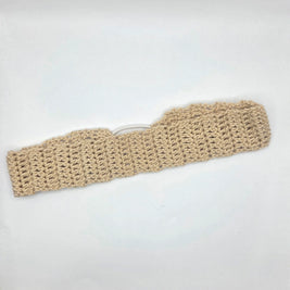 Handmade beige crochet headband on white background, cozy gift by Erika Liesel