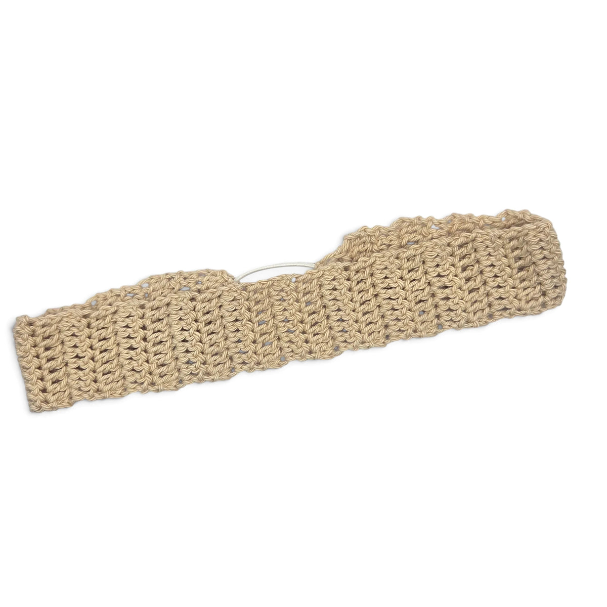 Handmade beige crochet headband with textured pattern, cozy and stylish accessory