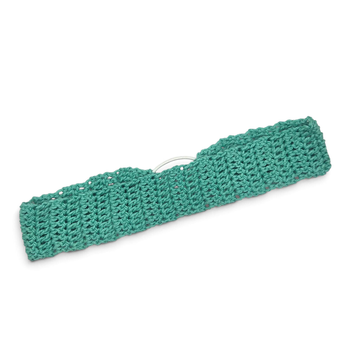 Handmade teal crochet headband with stretchy knit pattern, cozy and stylish for everyday wear
