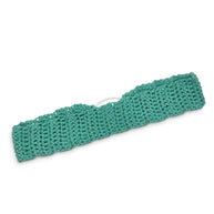 Handmade teal crochet headband with stretchy knit pattern, cozy and stylish for everyday wear