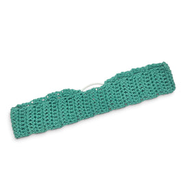 Handmade teal crochet headband with stretchy knit pattern, cozy and stylish for everyday wear