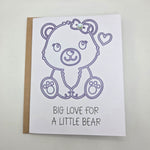 Handmade card with purple bear outline, heart, gem, and text 'Big Love for a Little Bear' for baby gifts