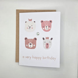 Cute bear faces birthday card with 'a very happy birthday' text, cozy handmade design
