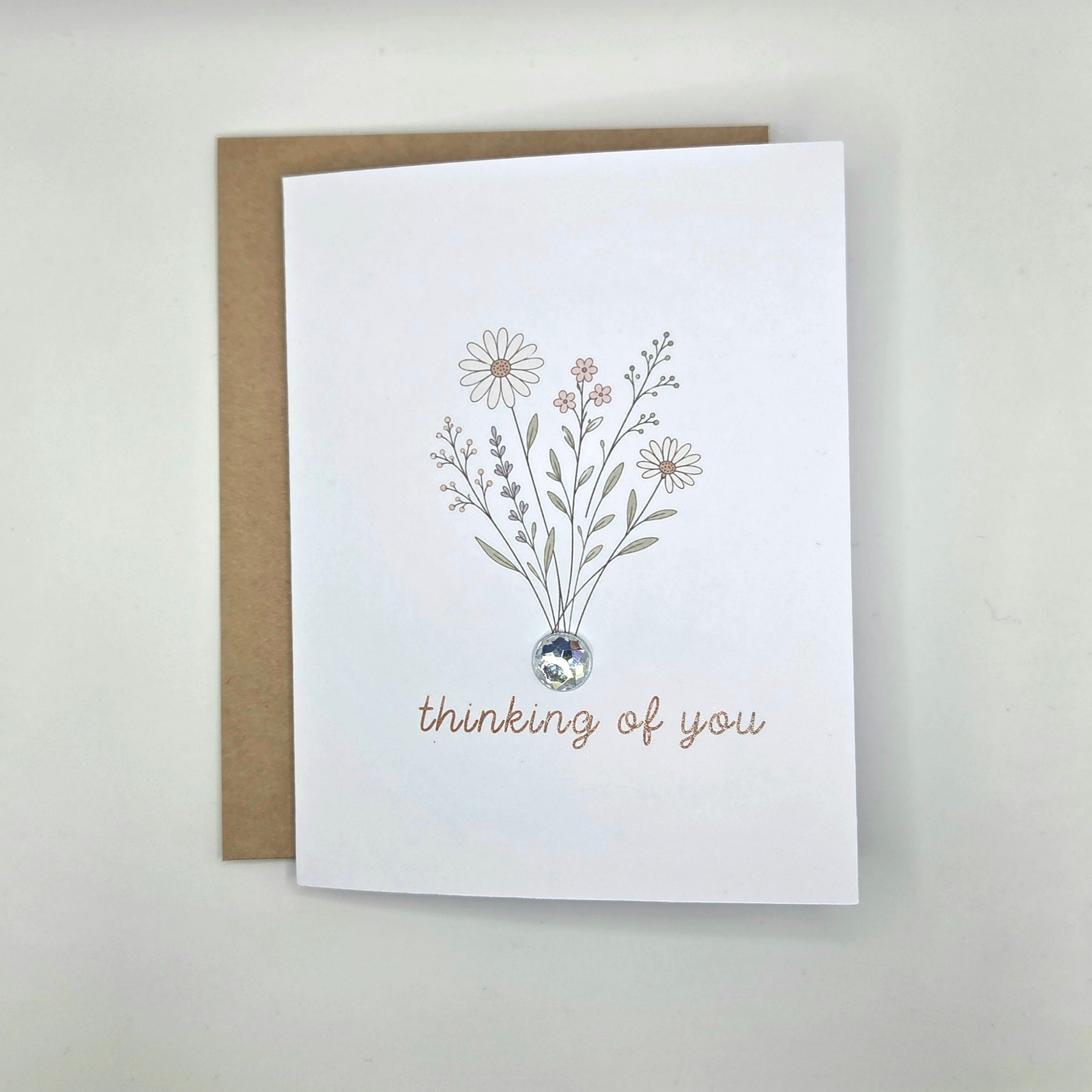 Thinking of You card with floral bouquet and gemstone, handmade comfort gift