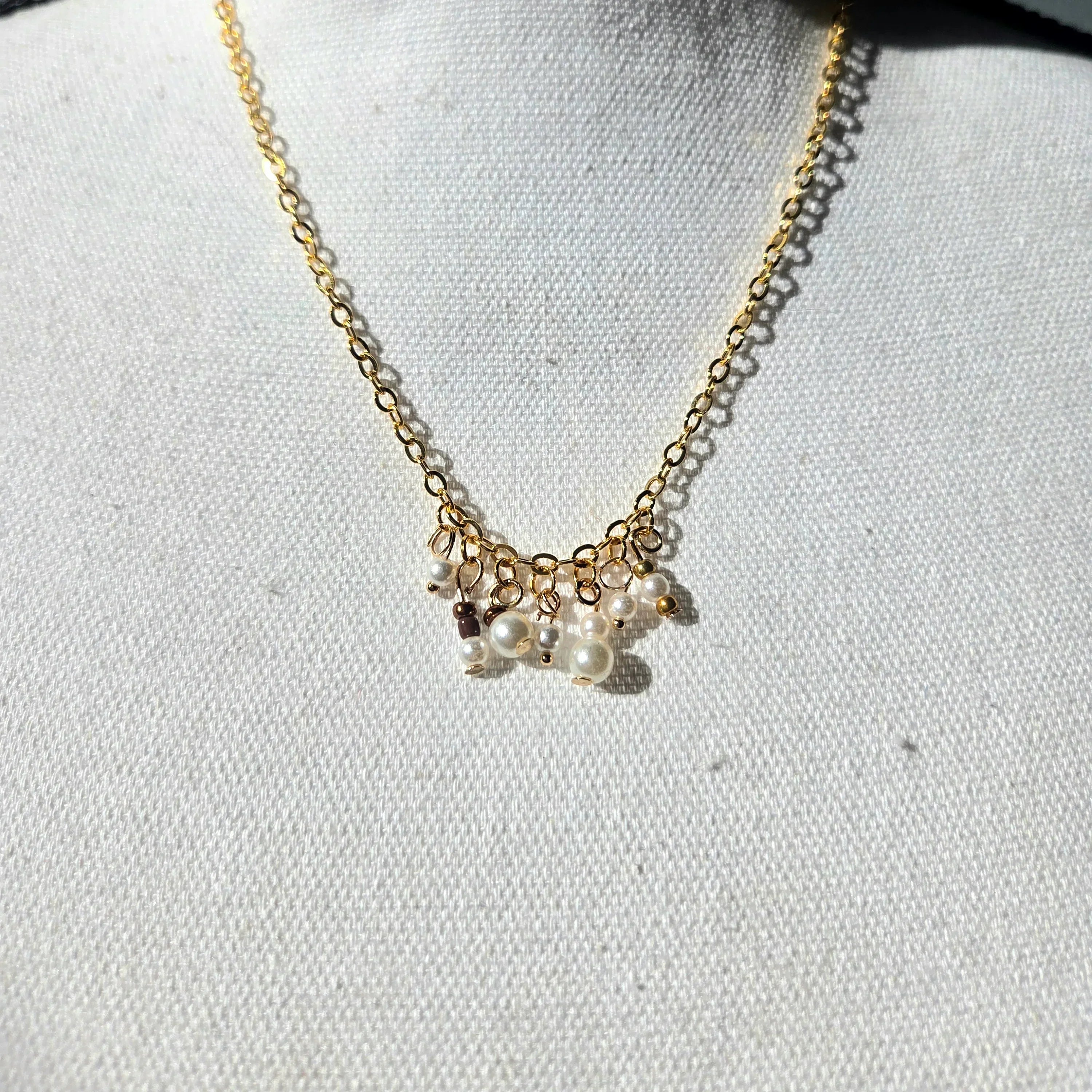 Gold chain necklace with pearl and bead cluster pendant, handmade for cozy, creative style