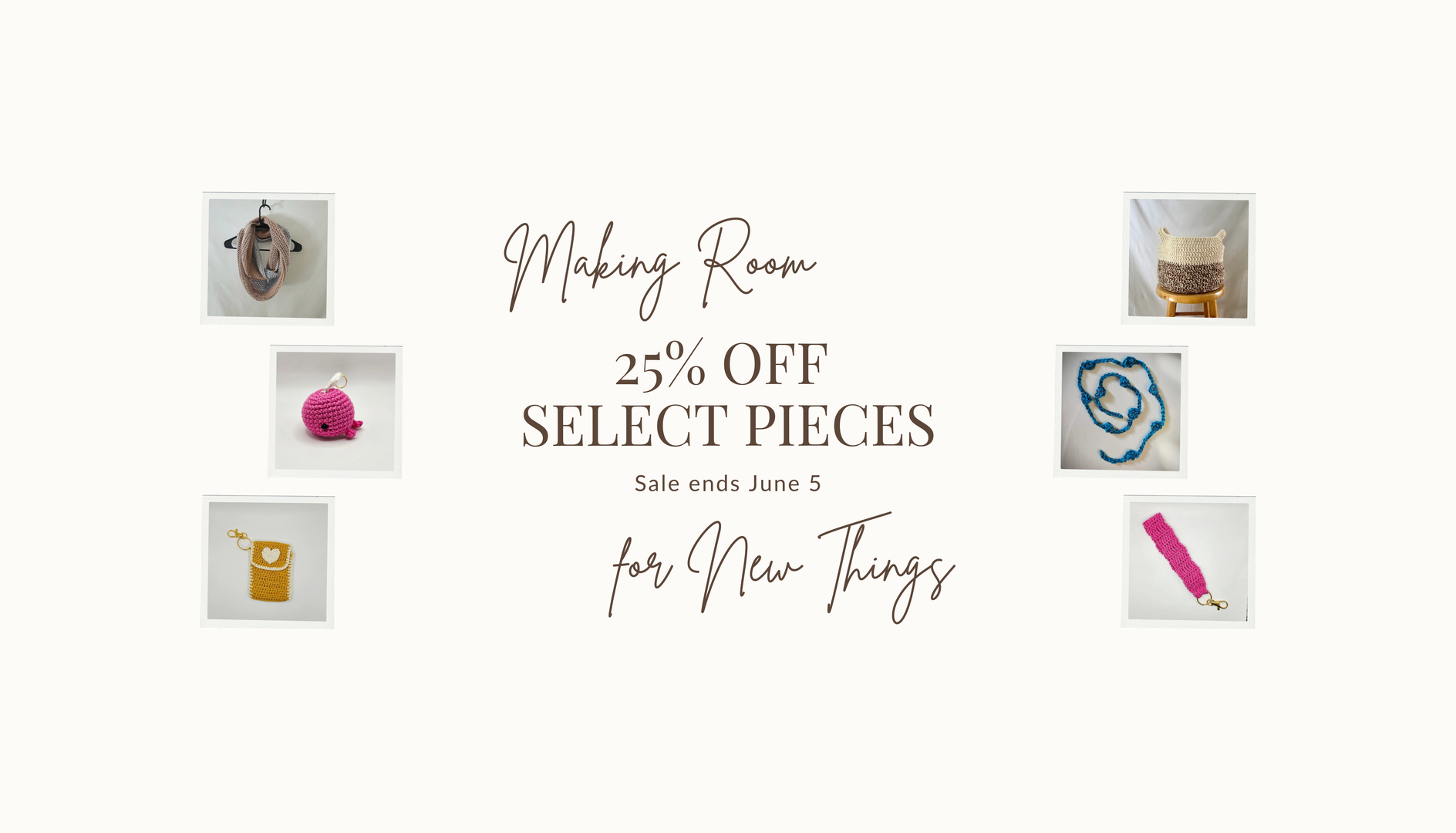 Handmade crochet items on sale: scarves, amigurumi, baskets, and accessories with 25% off promotion.