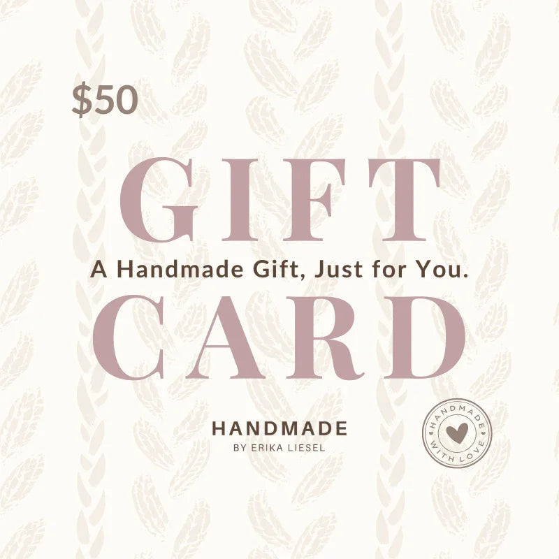 $50 handmade gift card by Erika Liesel, cozy crochet-inspired design for thoughtful gifting