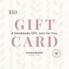 $50 handmade gift card by Erika Liesel, cozy crochet-inspired design for thoughtful gifting