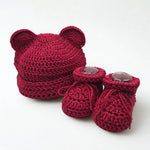Handmade crochet baby set: burgundy bear hat and booties, cozy newborn gift