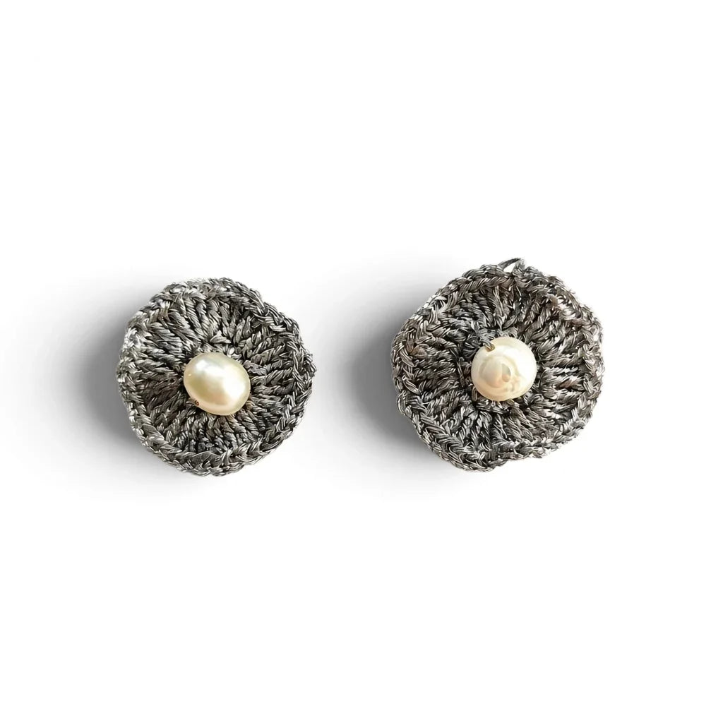 Handmade by Erika Liesel silver metallic crochet disc earrings with genuine freshwater pearl centers.