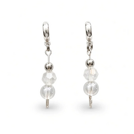 A pair of silver leverback drop earrings featuring faceted clear beads and a larger round pearl-like bead, shown on a clean white background.