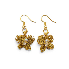Handmade by Erika Liesel gold crochet butterfly drop earrings with sparkling crystal bead accents on silver wires.