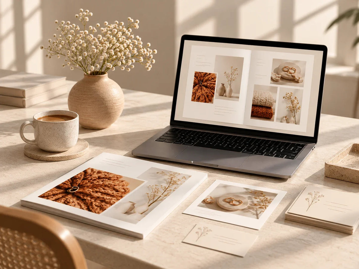 A styled desk scene with an open laptop displaying a warm-toned editorial website or print design, surrounded by printed photos, cards, a vase of dried flowers, a cup of coffee, and books in a softly lit interior.