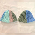Handmade crochet beanie in pastel stripes, cozy winter hat for adults, soft yarn texture