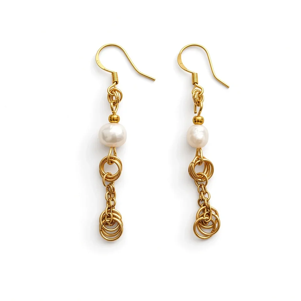 A pair of gold dangle earrings with a white pearl bead and intricate gold chain and ring details, shown on a plain white background.