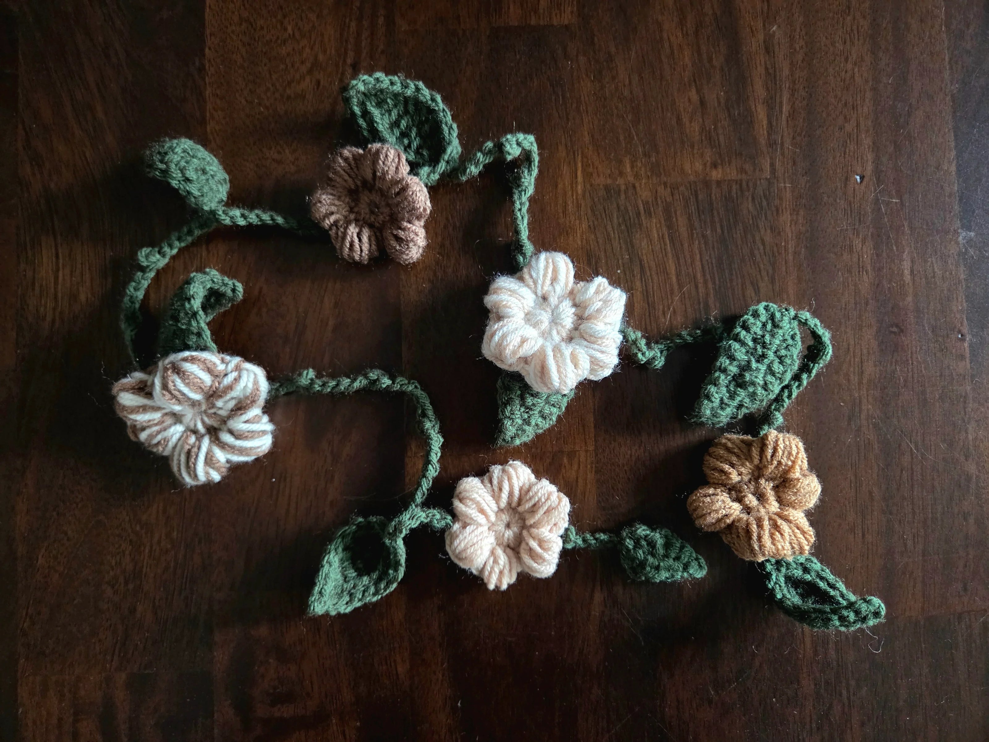 Crocheted flowers and leaves 