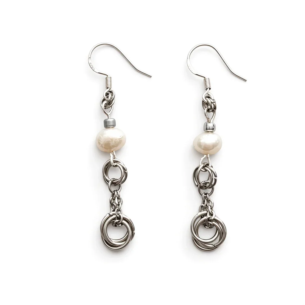 A pair of silver-toned dangle earrings with a single irregular white freshwater pearl and three interlinked silver rings, shown on a plain white background.