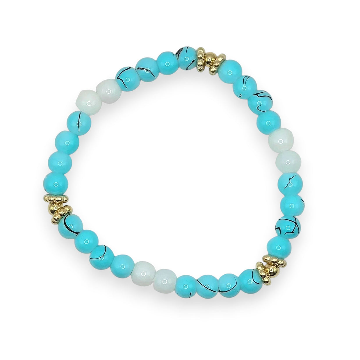 Handmade by Erika Liesel Blue Current stretch bracelet featuring aqua marbled and white glass beads with gold accents.