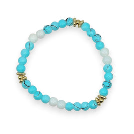 Handmade by Erika Liesel Blue Current stretch bracelet featuring aqua marbled and white glass beads with gold accents.