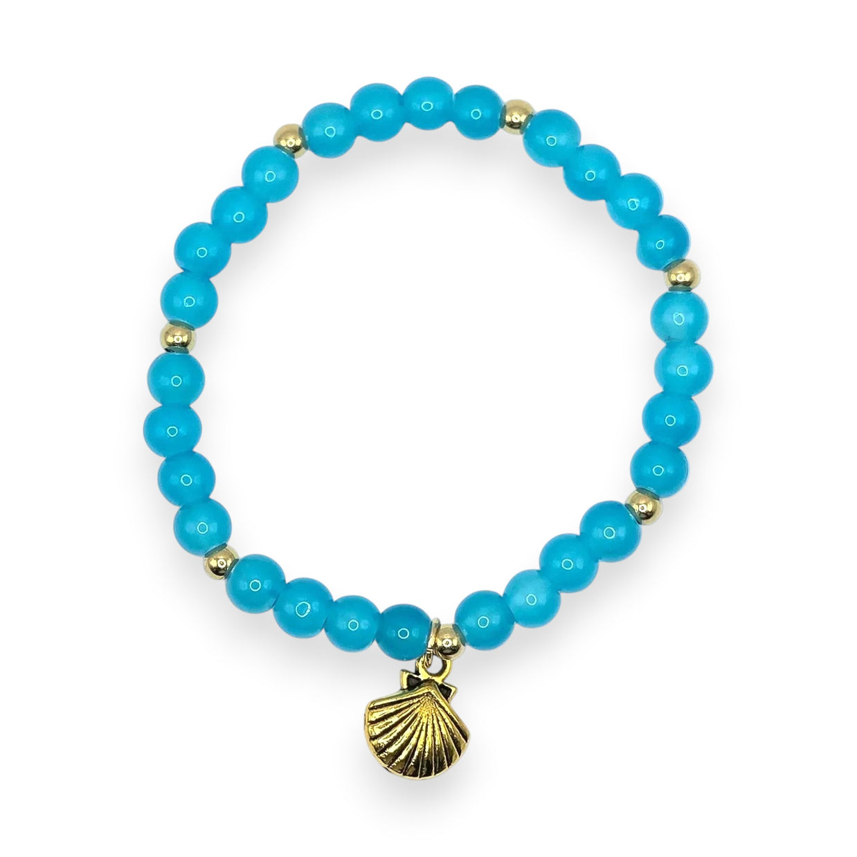 Handmade by Erika Liesel aqua glass bead bracelet with a gold-tone seashell charm on a stretch cord