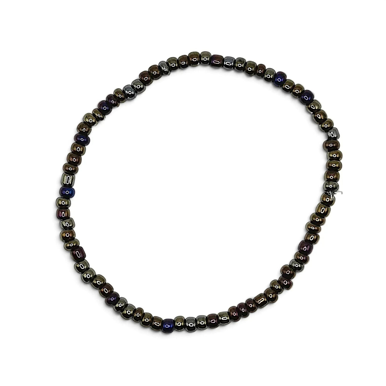 Handmade by Erika Liesel Aurora stretch bracelet featuring iridescent glass beads in bronze, purple, blue, and green.