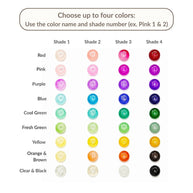 Handmade by Erika Liesel color chart showing various bead shades in red, pink, purple, blue, green, yellow, and black.