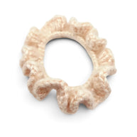 Handmade by Erika Liesel Luxe Touch crochet scrunchie in a soft beige yarn with a delicate, ruffled texture.