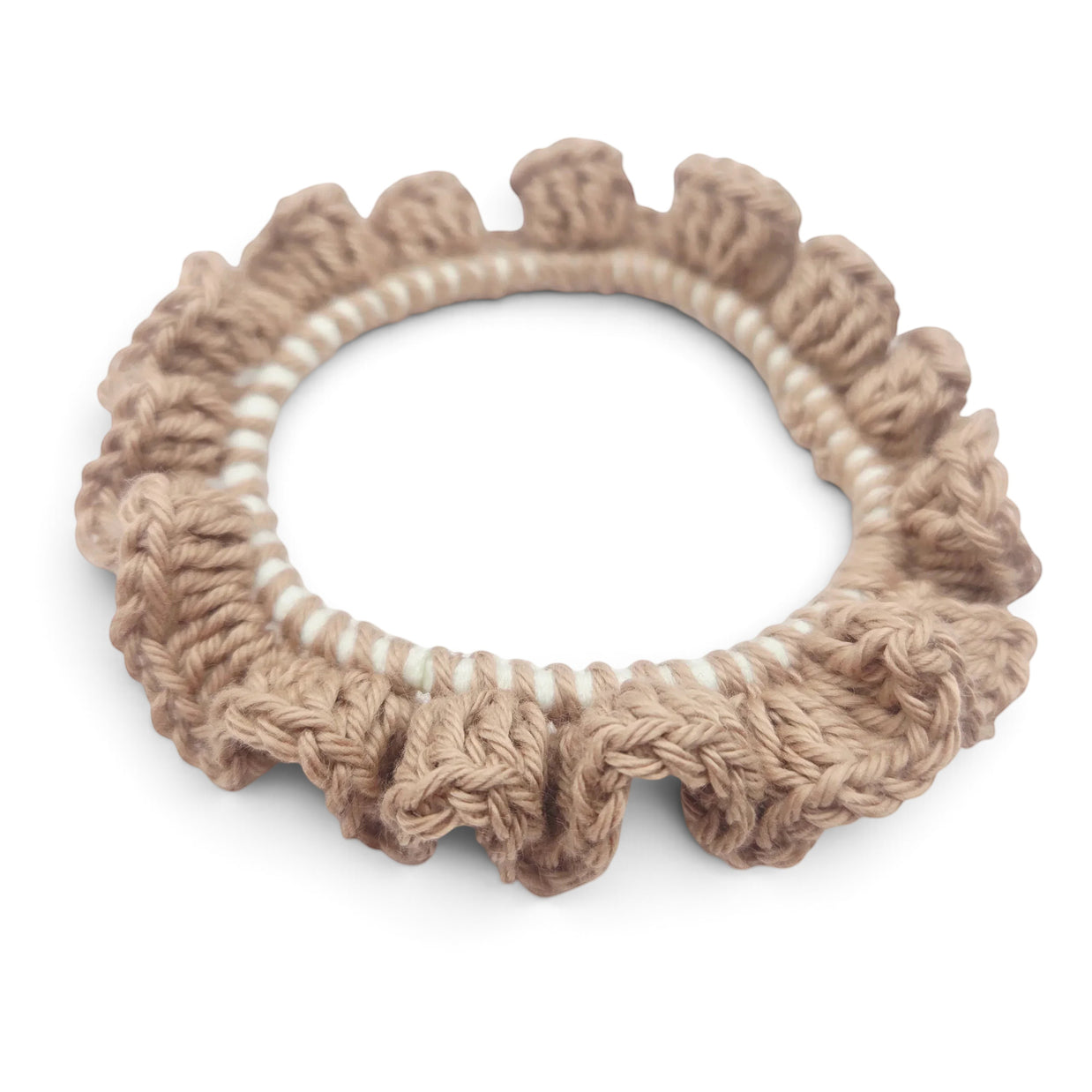 Handmade by Erika Liesel beige crochet scrunchie with a ruffled edge and soft yarn texture for a polished look.