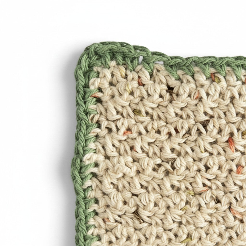Handmade by Erika Liesel beige crocheted cotton placemat with a green border and subtle multi-colored yarn flecks.