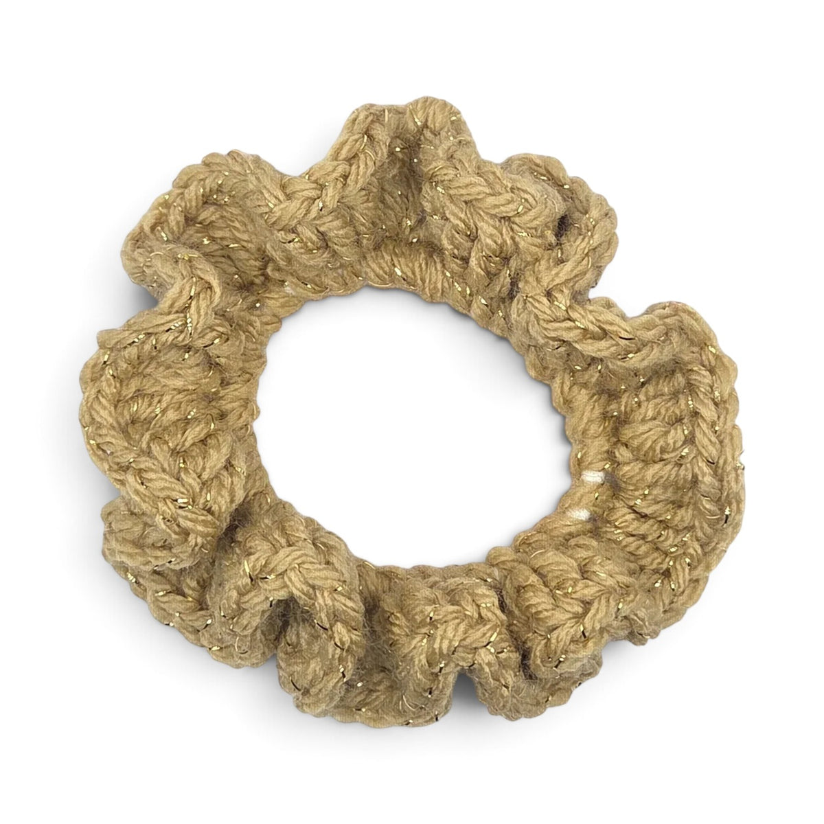Handmade by Erika Liesel beige crochet scrunchie with subtle gold metallic thread accents for a textured look.