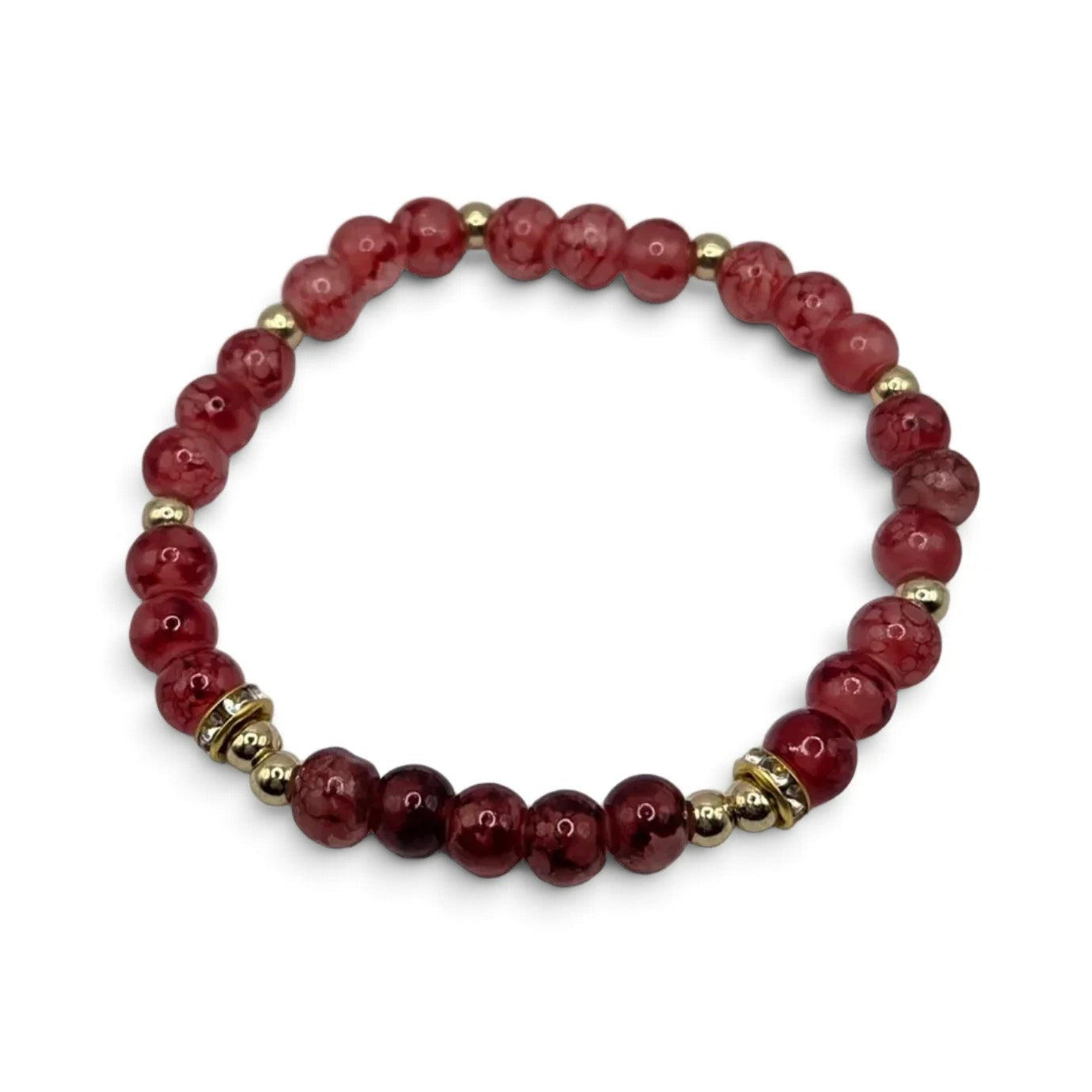 Handmade by Erika Liesel Berry Blush stretch bracelet featuring marbled berry glass beads and gold accent spacers.