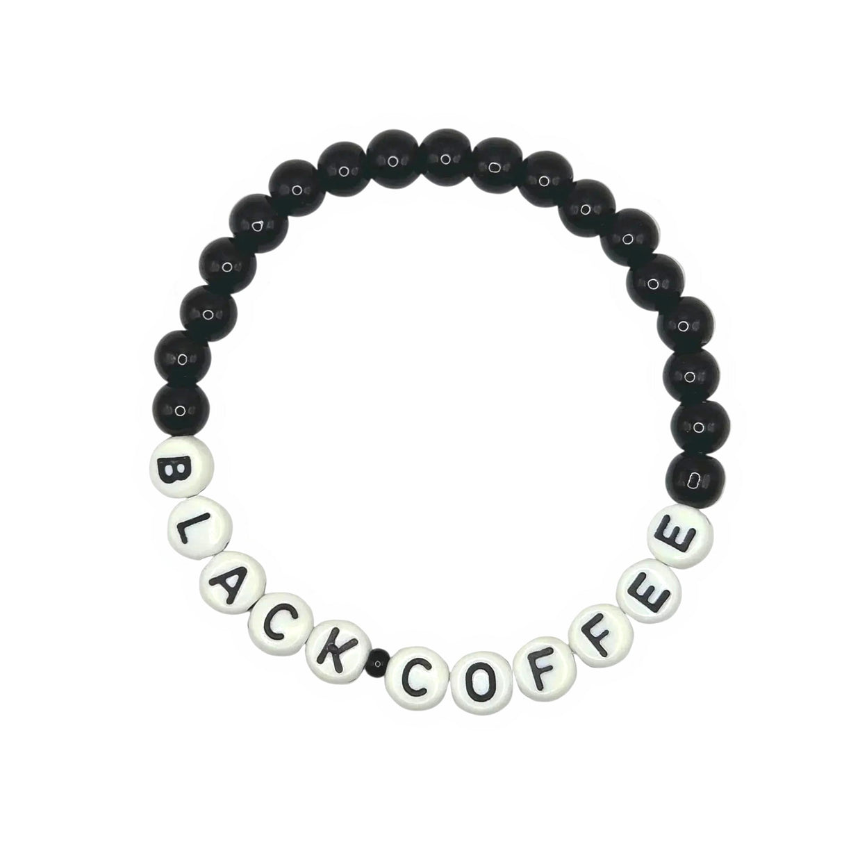 Handmade by Erika Liesel stretch bracelet featuring 6mm black glass beads and white letter beads spelling Black Coffee.