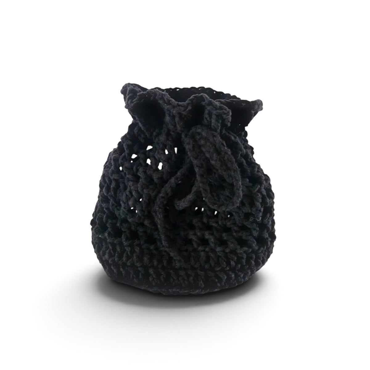 Handmade by Erika Liesel black crochet drawstring bag made from soft premium yarn for jewelry or gift storage