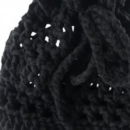 Handmade by Erika Liesel black crochet drawstring bag made from soft premium yarn for jewelry or gift storage.