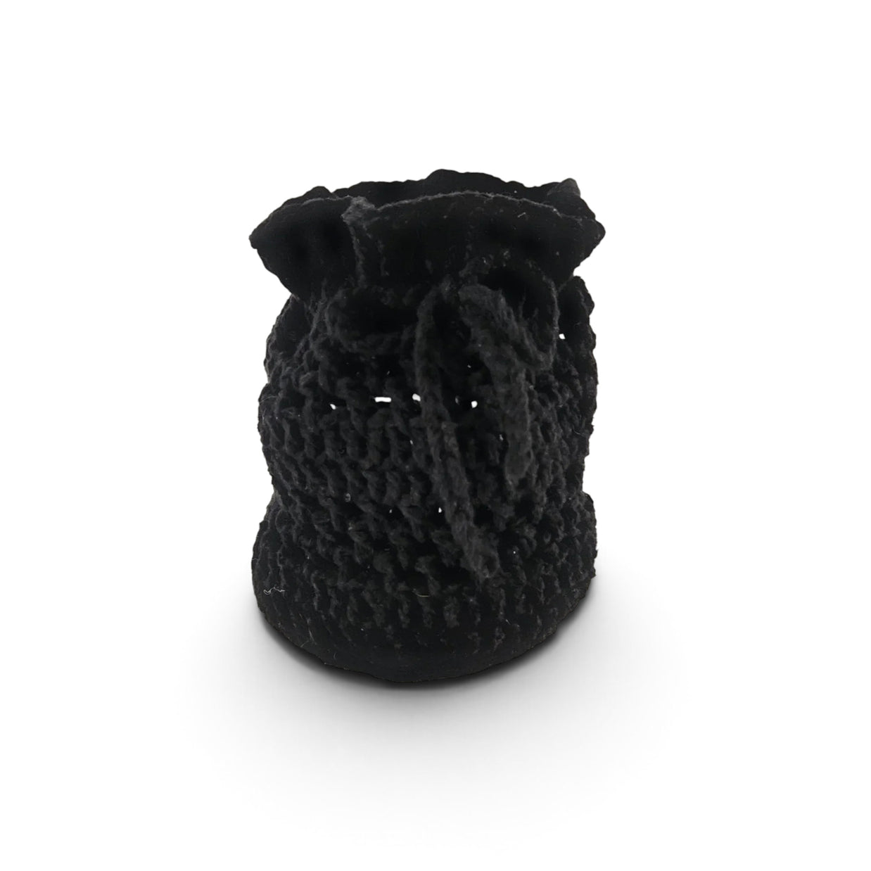 Handmade by Erika Liesel black crochet drawstring bag made from buttery-soft yarn for jewelry or gift storage.