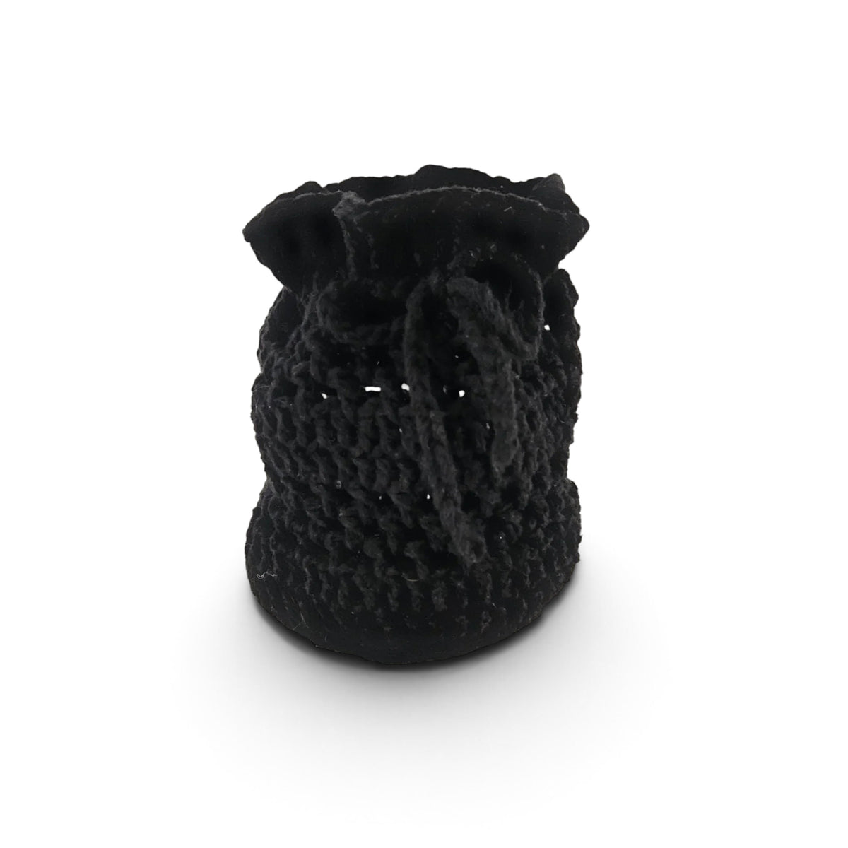 Handmade by Erika Liesel black crochet drawstring bag made from buttery-soft yarn for jewelry or gift storage.