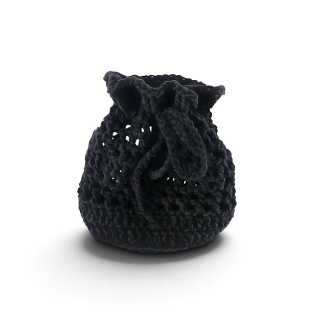 Handmade by Erika Liesel black crochet drawstring bag made from soft premium yarn for jewelry or gift storage