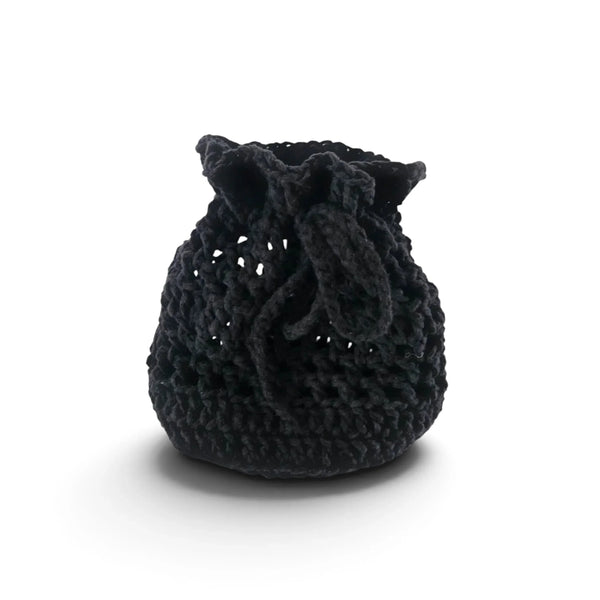 Handmade by Erika Liesel black crochet drawstring bag made from soft premium yarn for jewelry or gift storage