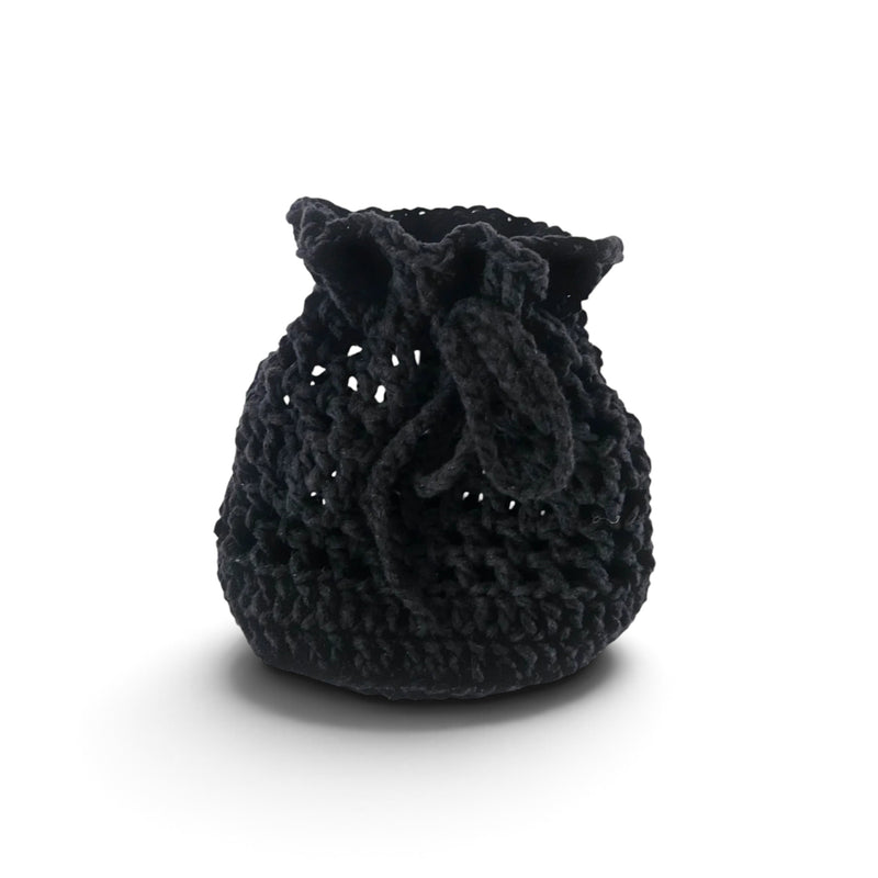 Handmade by Erika Liesel black crochet drawstring bag made from soft premium yarn for jewelry or gift storage