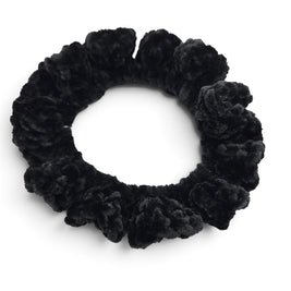 Handmade by Erika Liesel black crochet scrunchie made from soft premium yarn for a polished and cozy hair accessory.